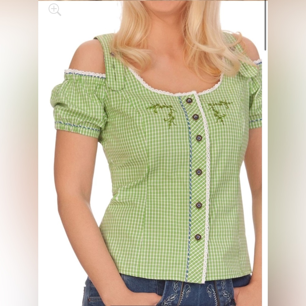 Spieth & Wensky Embroidered Top Dallas Green Gingham German Cold Shoulder Sz M